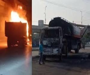  کراچی فائیواسٹارچورنگی کےقریب ٹریفک حادثےکےدوران قابوواٹرٹینکرالٹ گیا،حادثےکےبعدمشتعل افرادنےواٹرٹینکرکوآگ 